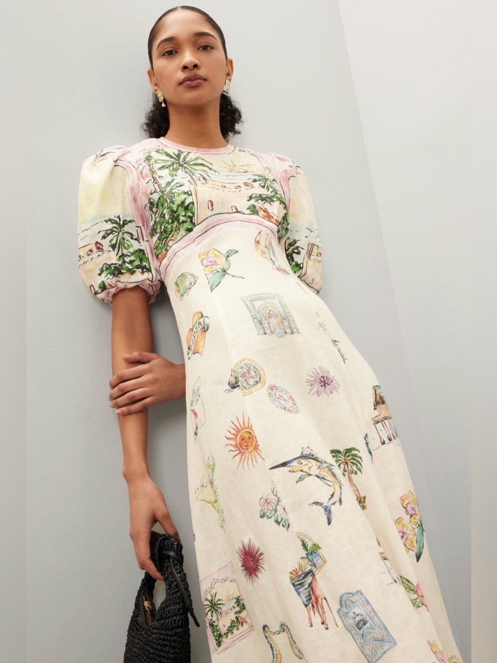 ALEMAIS Sunset Puff-Sleeve Printed Linen Midi Dress 6 - Picture 2 of 7